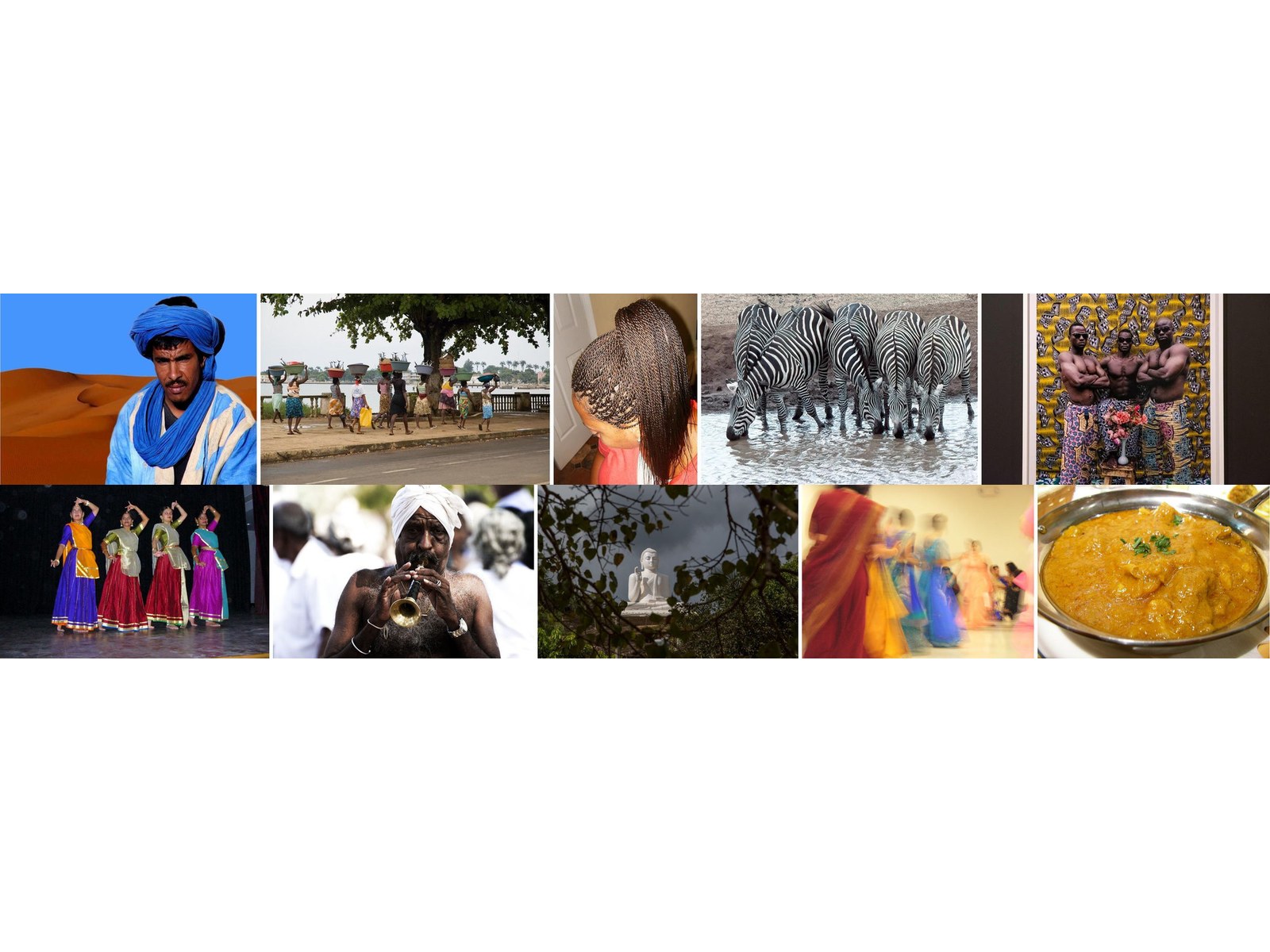 Two rows of photographs from the MMBias dataset: the African target group above, the South Asian target group below.