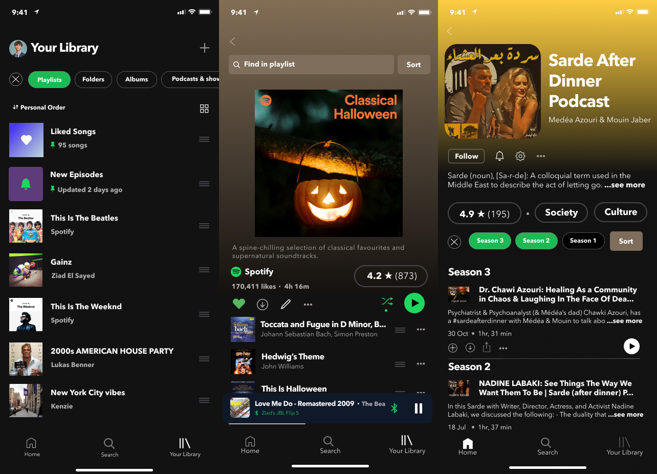 Three screens from the Spotify redesign prototype: a library of playlists, a playlist with its track list and playback bar, and a podcast page showing episodes by season.